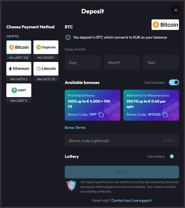 Fast and secure deposit methods at WinPlace Casino