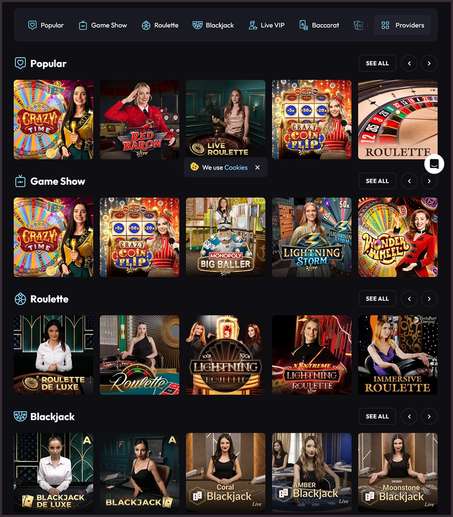WinPlace Casinolive casino game overview showing all available tables and dealers for players