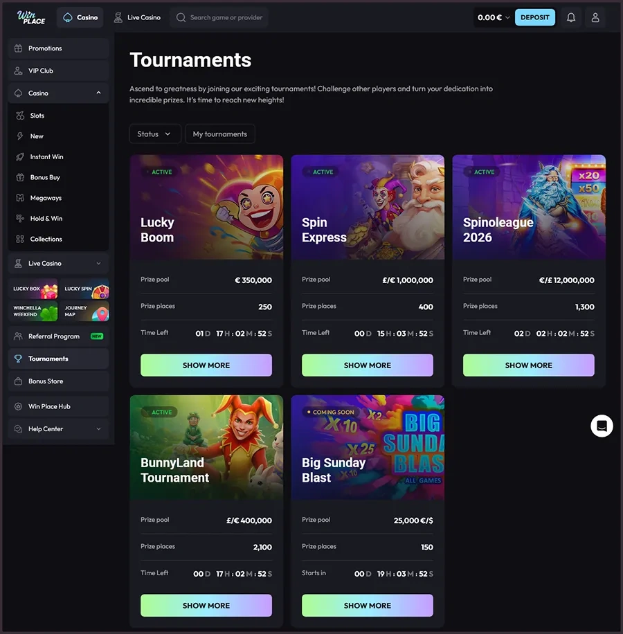 Tournaments with high win potential at WinPlace Casino